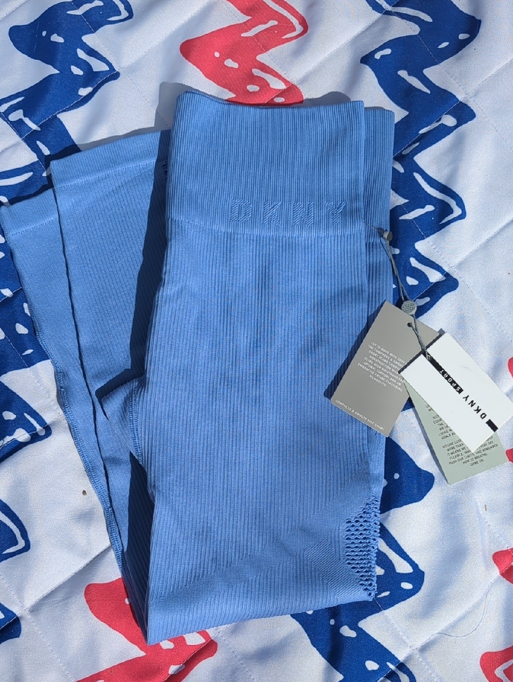 Dkny Sky Blue Ribbed Leggings with Logo Waist